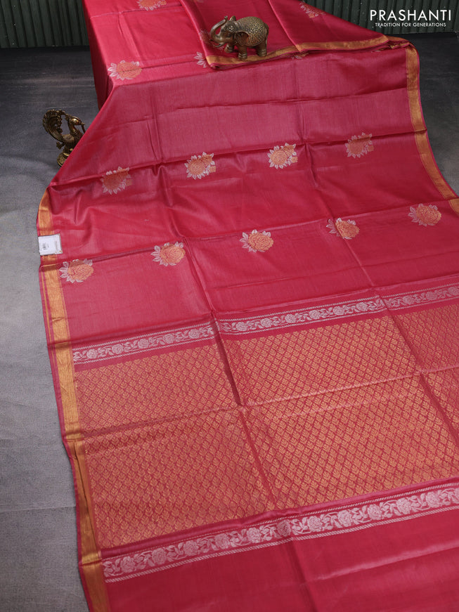 Banana silk saree pink shade with silver & gold zari woven floral buttas and zari woven border