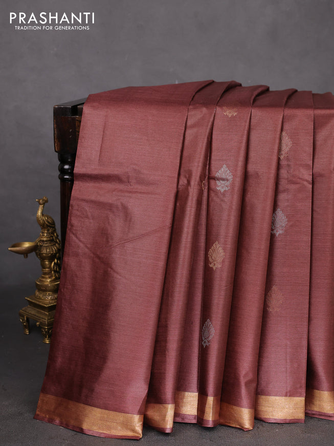 Banana silk saree maroon shade with silver & gold zari woven buttas and zari woven border