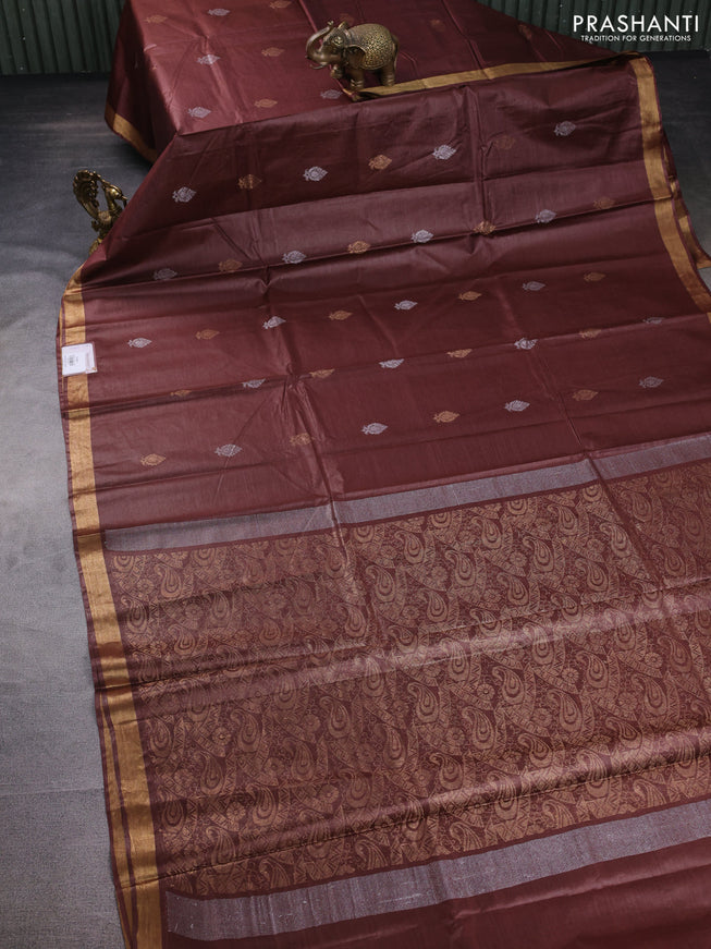Banana silk saree maroon shade with silver & gold zari woven buttas and zari woven border