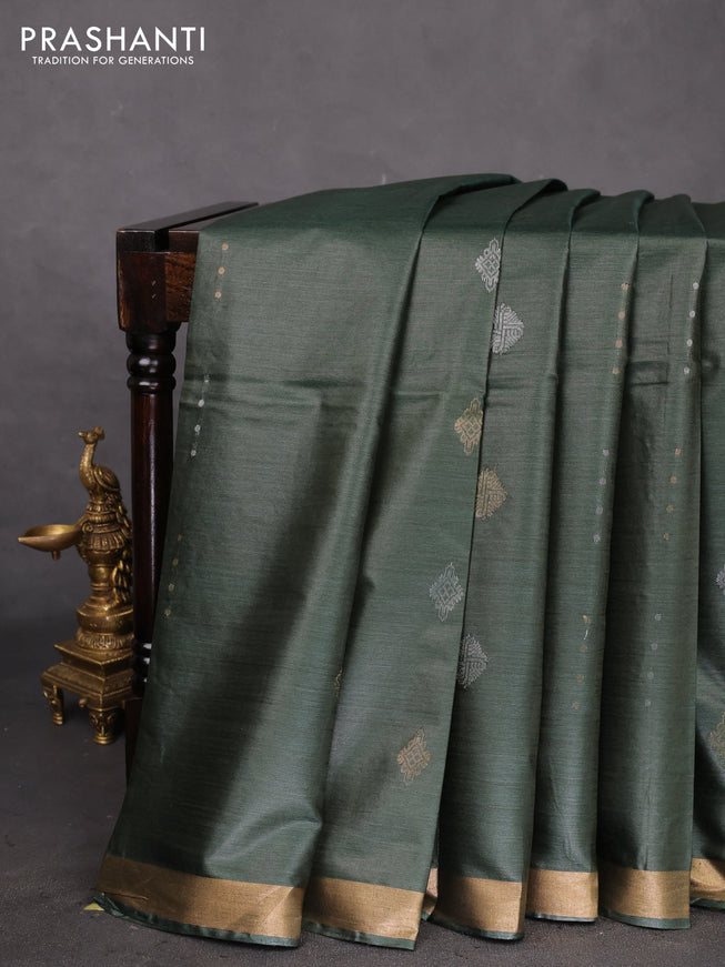 Banana silk saree dark green with silver & gold zari woven buttas and zari woven border