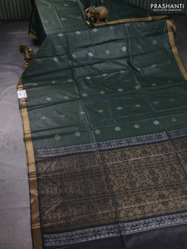 Banana silk saree dark green with silver & gold zari woven buttas and zari woven border