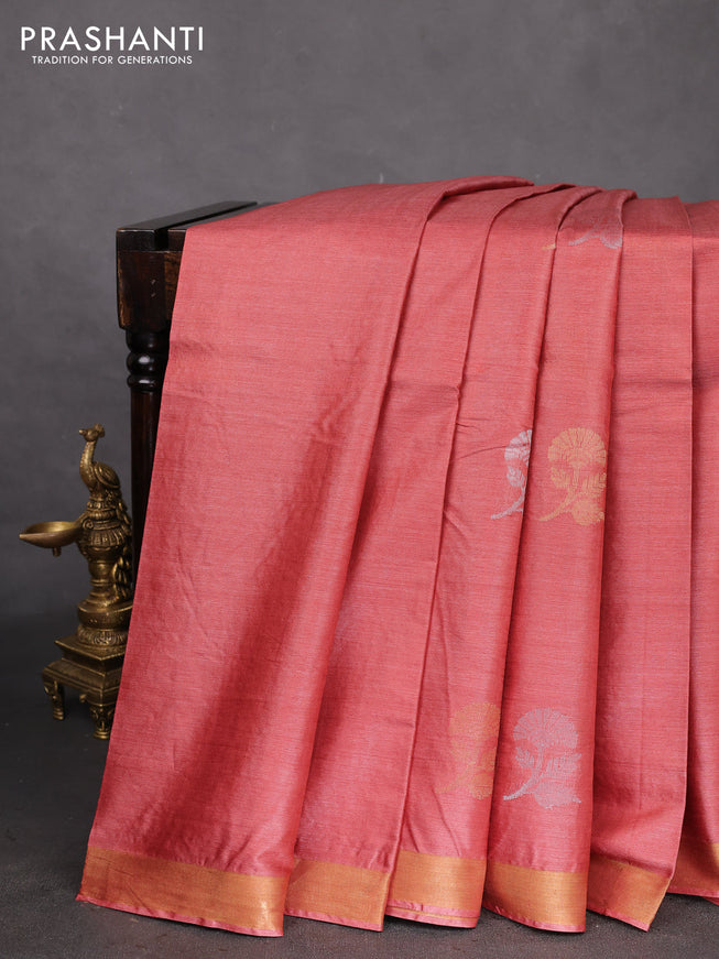 Banana silk saree red shade with silver & gold zari woven buttas and zari woven border