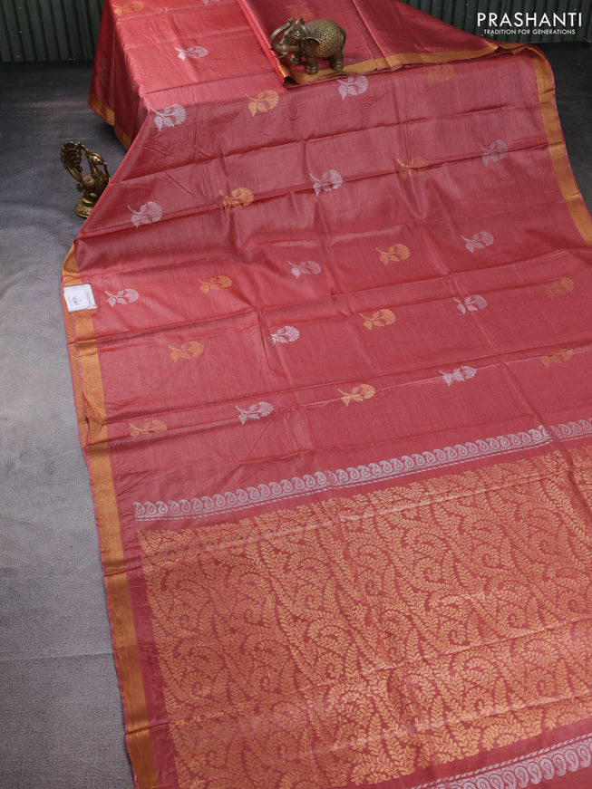 Banana silk saree red shade with silver & gold zari woven buttas and zari woven border