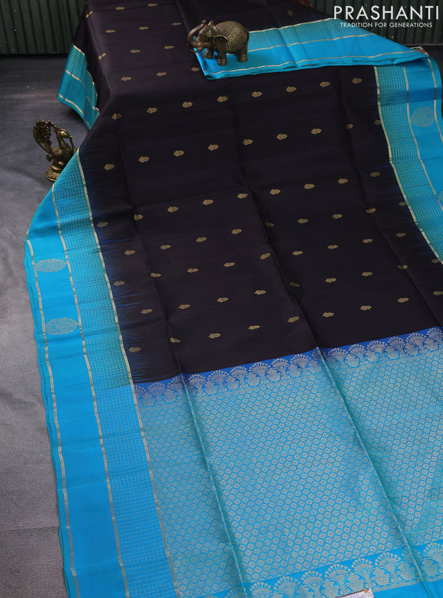Pure soft silk saree black and teal blue with zari woven buttas and zari woven border