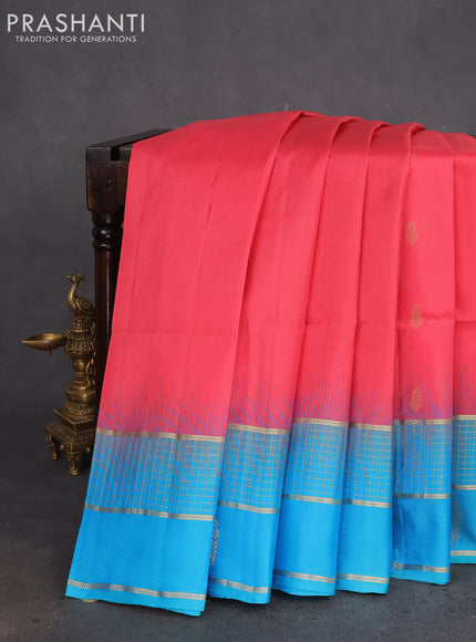 Pure soft silk saree peach pink and teal blue with zari woven buttas and zari woven border