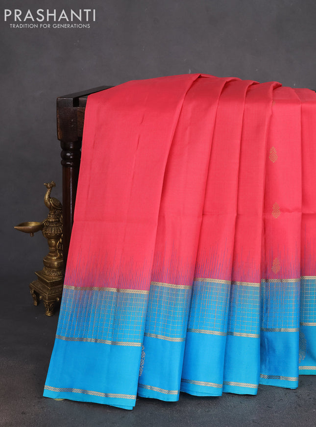 Pure soft silk saree peach pink and teal blue with zari woven buttas and zari woven border