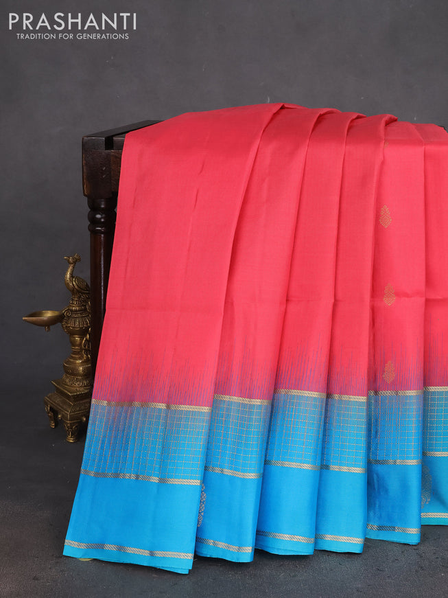 Pure soft silk saree peach pink and teal blue with zari woven buttas and zari woven border
