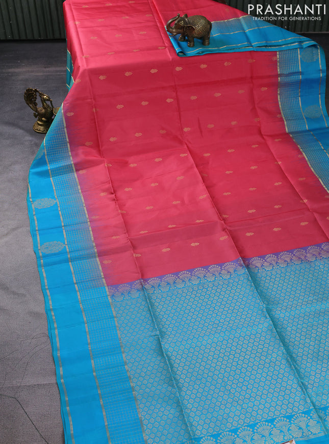 Pure soft silk saree peach pink and teal blue with zari woven buttas and zari woven border