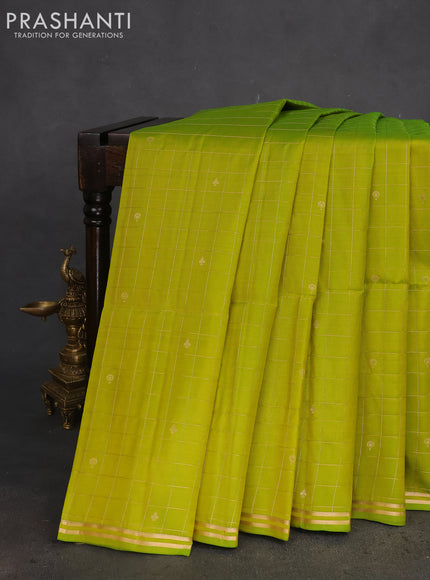 Pure soft silk saree lime green and dual shade of teal blue with allover zari checks & buttas and simple zari border