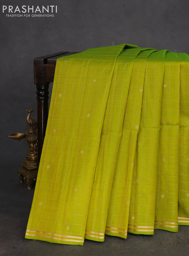 Pure soft silk saree lime green and dual shade of teal blue with allover zari checks & buttas and simple zari border