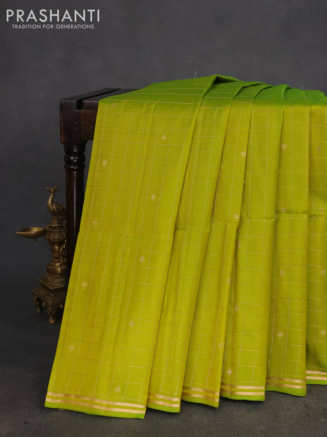 Pure soft silk saree lime green and dual shade of teal blue with allover zari checks & buttas and simple zari border