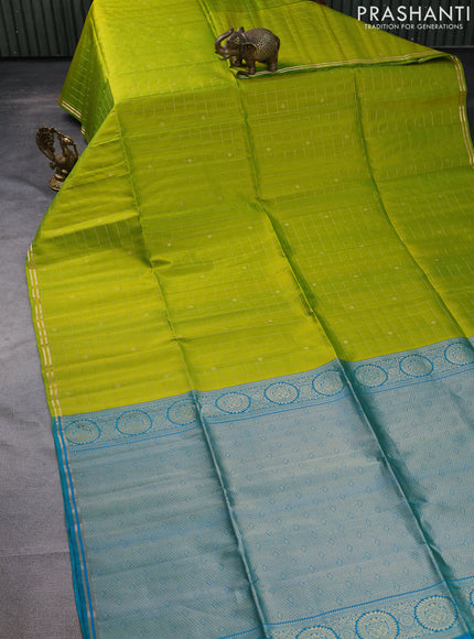 Pure soft silk saree lime green and dual shade of teal blue with allover zari checks & buttas and simple zari border