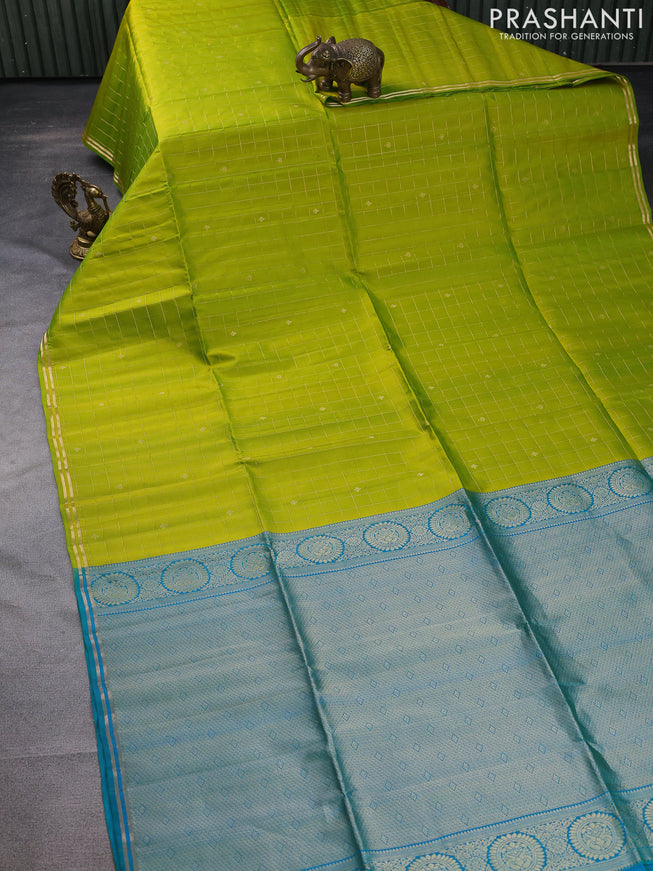 Pure soft silk saree lime green and dual shade of teal blue with allover zari checks & buttas and simple zari border