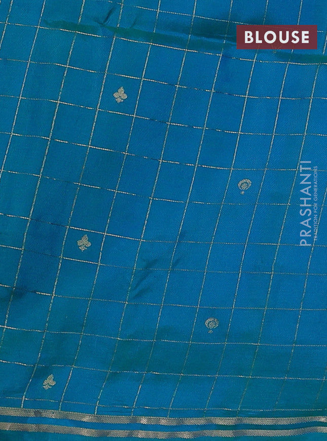 Pure soft silk saree lime green and dual shade of teal blue with allover zari checks & buttas and simple zari border