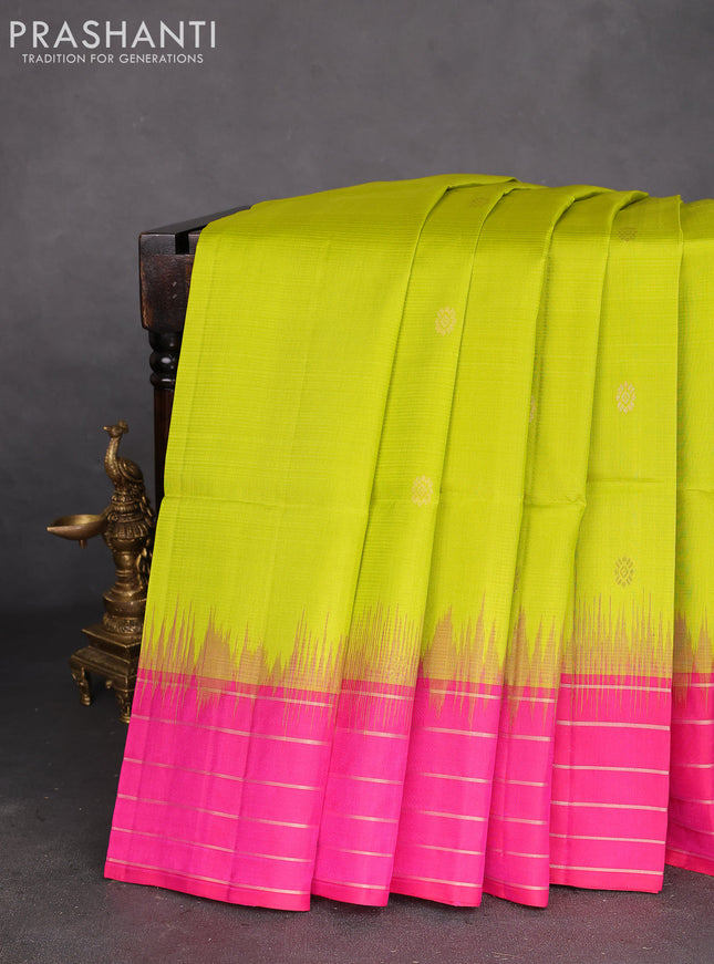 Pure soft silk saree lime green and pink with zari woven buttas and rich zari woven border