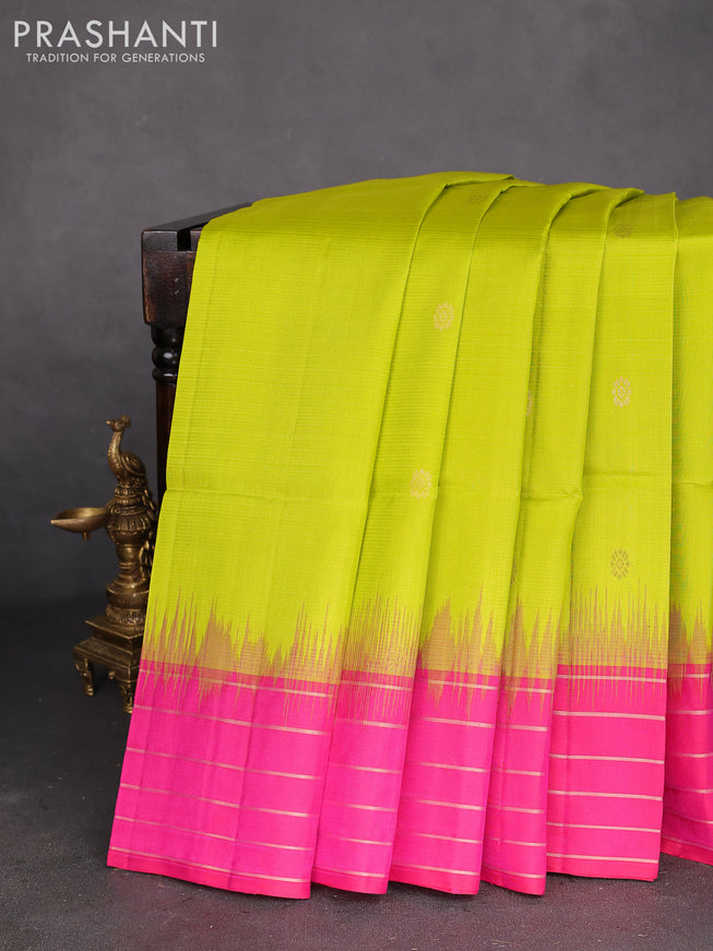 Pure soft silk saree lime green and pink with zari woven buttas and rich zari woven border