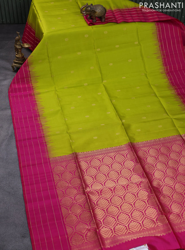 Pure soft silk saree lime green and pink with zari woven buttas and rich zari woven border