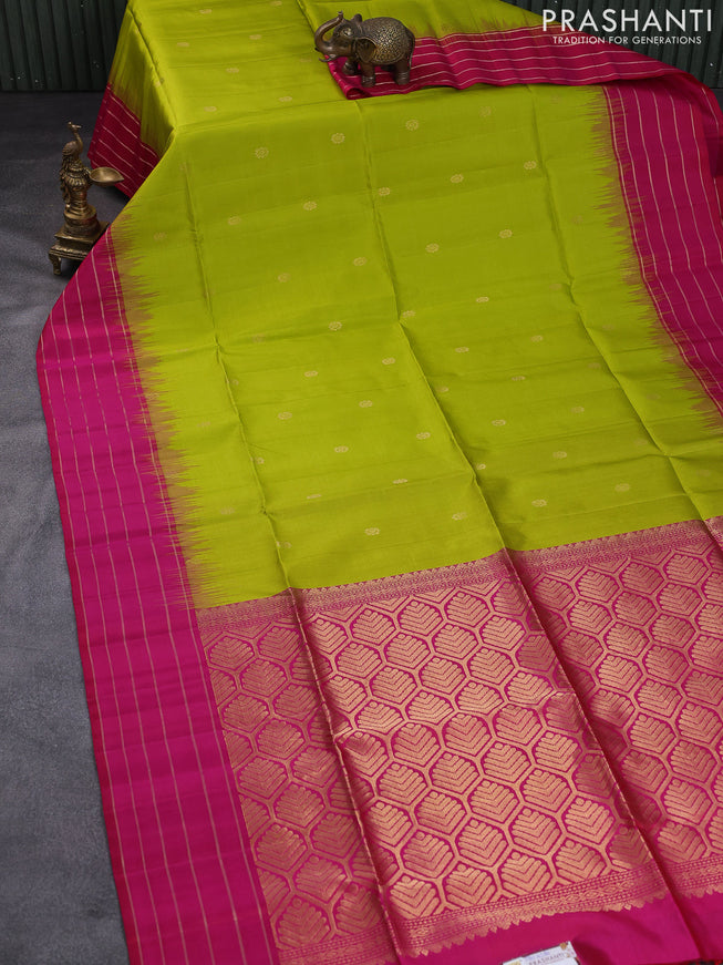 Pure soft silk saree lime green and pink with zari woven buttas and rich zari woven border