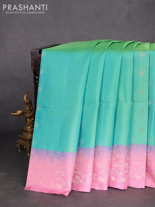 Pure soft silk saree dual shade of teal green and pastel pink with silver & gold zari woven buttas and rich zari woven border