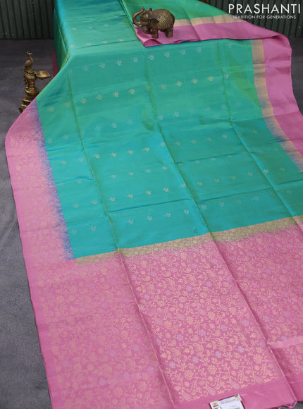 Pure soft silk saree dual shade of teal green and pastel pink with silver & gold zari woven buttas and rich zari woven border