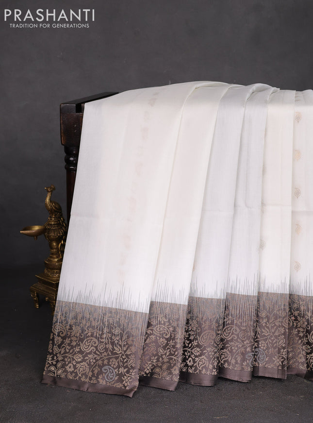 Pure soft silk saree off white and grey with silver & gold zari woven buttas and rich zari woven border