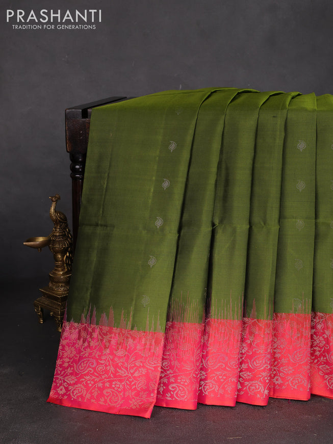 Pure soft silk saree mehendi green and dual shade of pinkish orange with silver & gold zari woven buttas and rich zari woven border