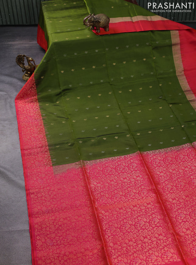 Pure soft silk saree mehendi green and dual shade of pinkish orange with silver & gold zari woven buttas and rich zari woven border