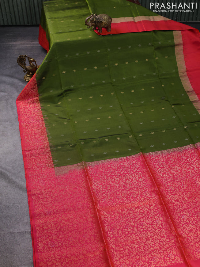 Pure soft silk saree mehendi green and dual shade of pinkish orange with silver & gold zari woven buttas and rich zari woven border