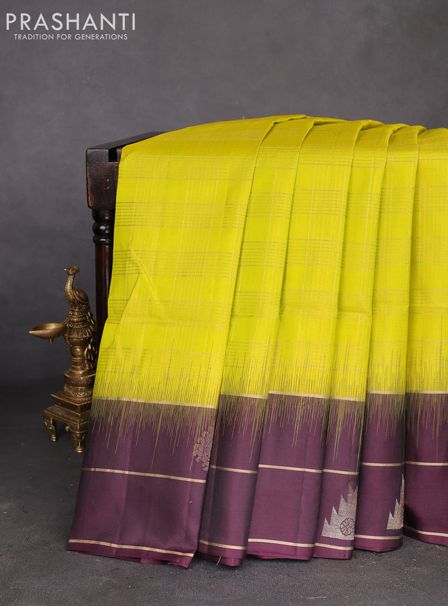 Pure soft silk saree lime yellow and wine shade with allover zari checked pattern and zari woven simple border