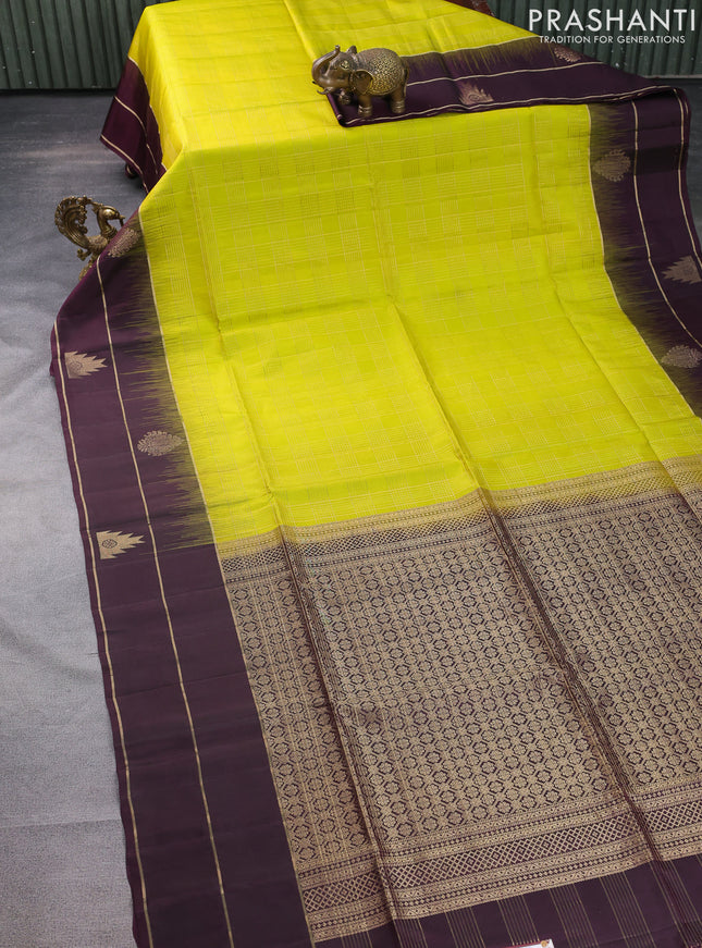 Pure soft silk saree lime yellow and wine shade with allover zari checked pattern and zari woven simple border