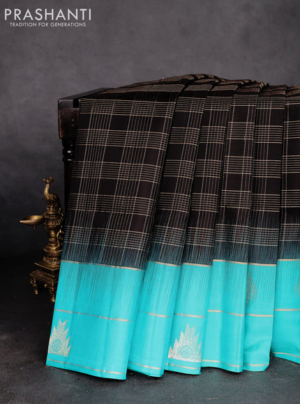 Pure soft silk saree coffee brown and teal blue with allover zari checked pattern and zari woven simple border