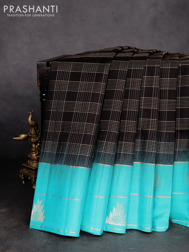 Pure soft silk saree coffee brown and teal blue with allover zari checked pattern and zari woven simple border