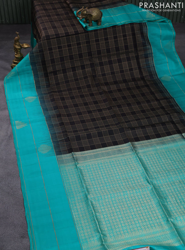 Pure soft silk saree coffee brown and teal blue with allover zari checked pattern and zari woven simple border