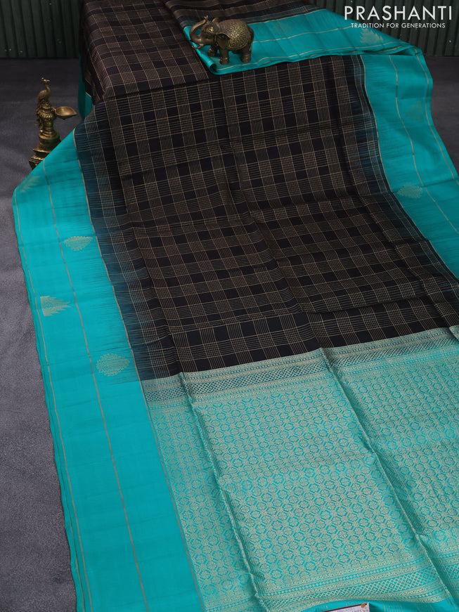 Pure soft silk saree coffee brown and teal blue with allover zari checked pattern and zari woven simple border