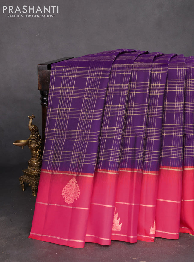 Pure soft silk saree violet and dual shade of pinkish orange with allover zari checked pattern and zari woven simple border
