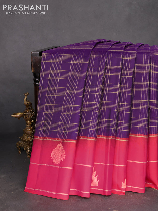Pure soft silk saree violet and dual shade of pinkish orange with allover zari checked pattern and zari woven simple border