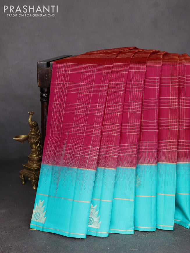 Pure soft silk saree dual shade of pinkish orange and teal blue with allover zari checked pattern and zari woven simple border