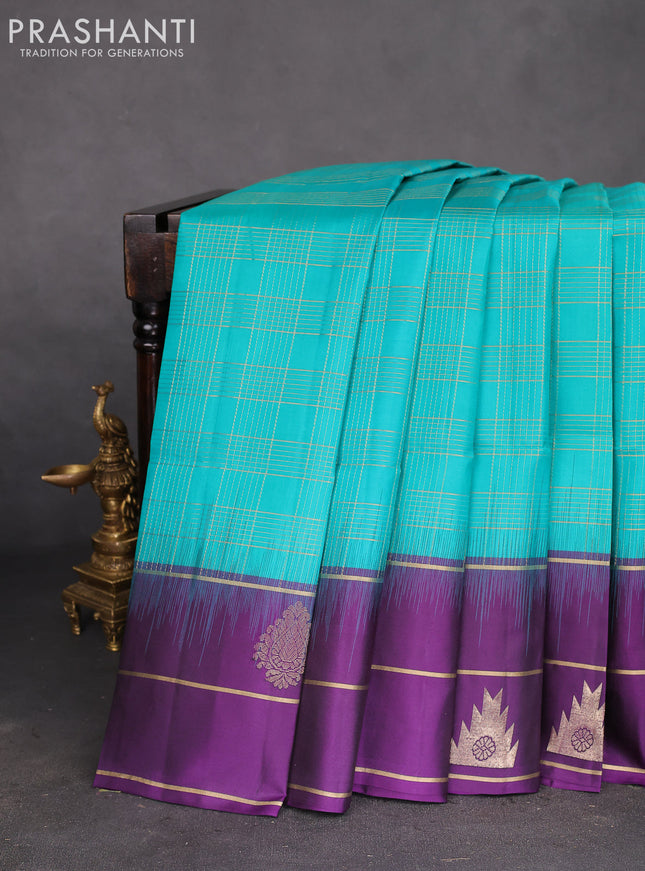 Pure soft silk saree teal green and violet with allover zari checked pattern and zari woven simple border