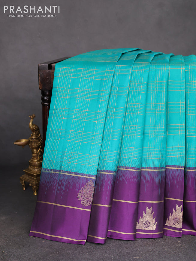 Pure soft silk saree teal green and violet with allover zari checked pattern and zari woven simple border
