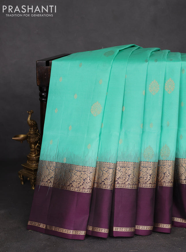 Pure soft silk saree pastel green and deep wine shade with zari woven buttas and rettapet zari woven border