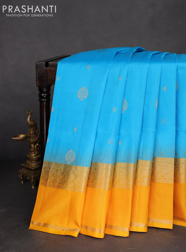 Pure soft silk saree cs blue and yellow with zari woven buttas and rettapet zari woven border
