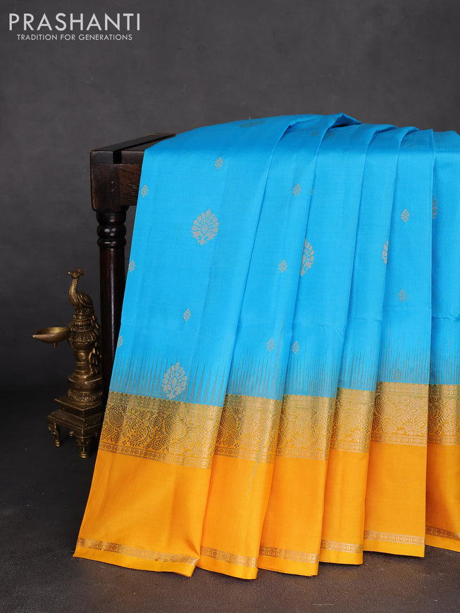 Pure soft silk saree cs blue and yellow with zari woven buttas and rettapet zari woven border