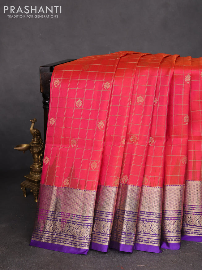 Pure soft silk saree dual shade of pinkish orange and violet with allover zari checked pattern & buttas and zari woven border