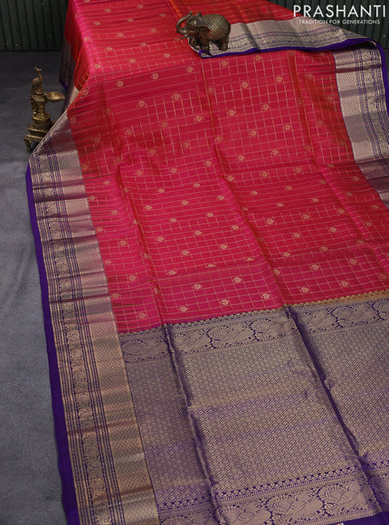 Pure soft silk saree dual shade of pinkish orange and violet with allover zari checked pattern & buttas and zari woven border