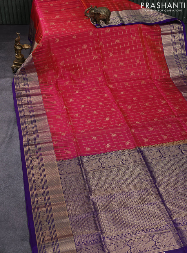 Pure soft silk saree dual shade of pinkish orange and violet with allover zari checked pattern & buttas and zari woven border