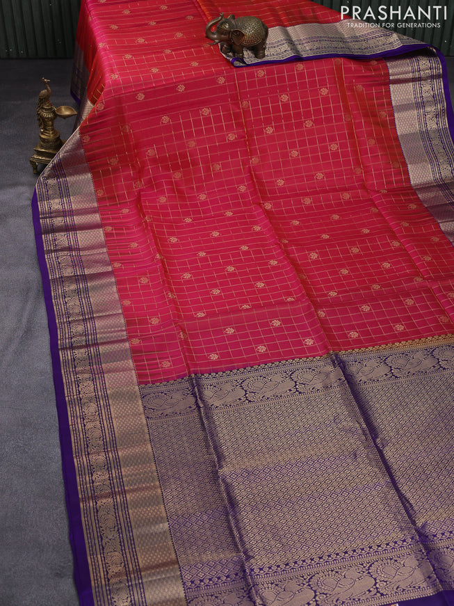 Pure soft silk saree dual shade of pinkish orange and violet with allover zari checked pattern & buttas and zari woven border