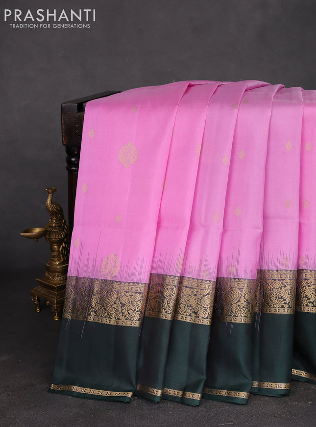 Pure soft silk saree light pink and bottle green with zari woven buttas and rettapet zari woven border