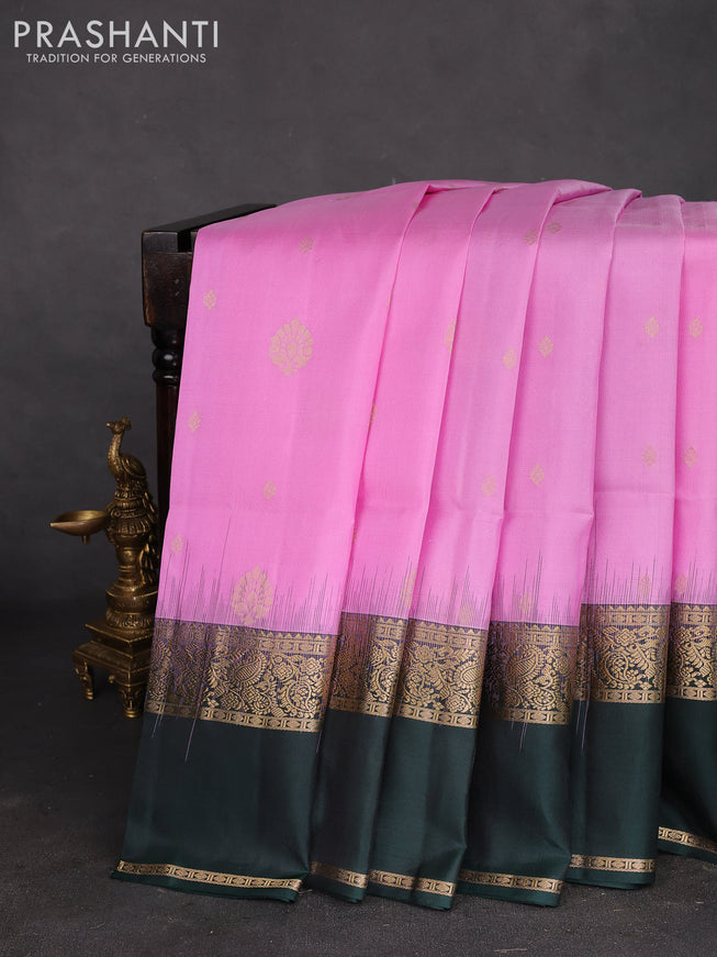 Pure soft silk saree light pink and bottle green with zari woven buttas and rettapet zari woven border