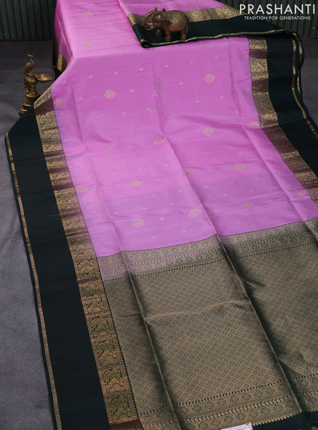 Pure soft silk saree light pink and bottle green with zari woven buttas and rettapet zari woven border
