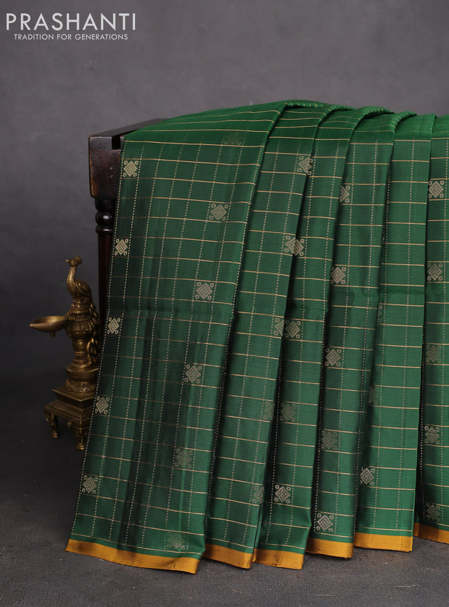 Pure soft silk saree green and dark mustard with allover zari checked pattern & buttas and piping border